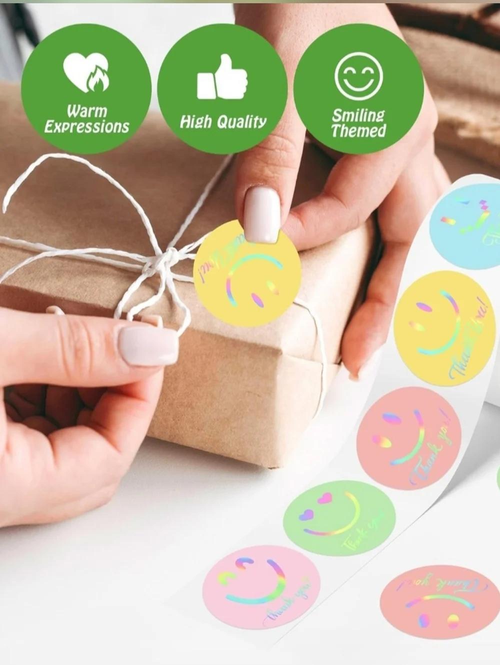 150 Holographic Pastel Thank You Smiley Sticker Labels 1.5